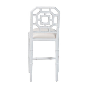 Bali & Pari Boone Solid Mahogany Counter Stool with Carved Chinoiserie Openwork Back and Cushion