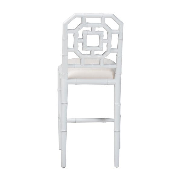 Bali & Pari Boone Solid Mahogany Counter Stool with Carved Chinoiserie Openwork Back and Cushion