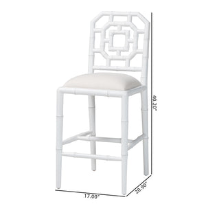 Bali & Pari Boone Solid Mahogany Counter Stool with Carved Chinoiserie Openwork Back and Cushion