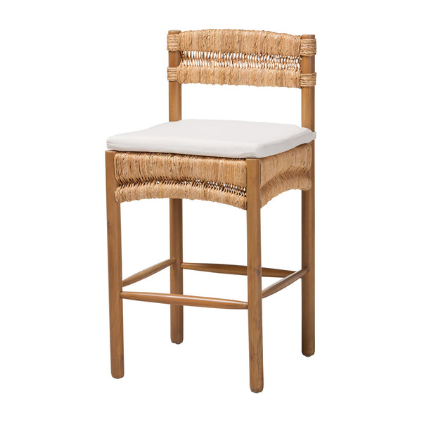 Baxton Studio Bali & Pari Elvera Handwoven Seagrass Mahogany Counterstool for Coastal Boho Kitchens MD-39987-Elvera-Light Walnut-Cushion-CS