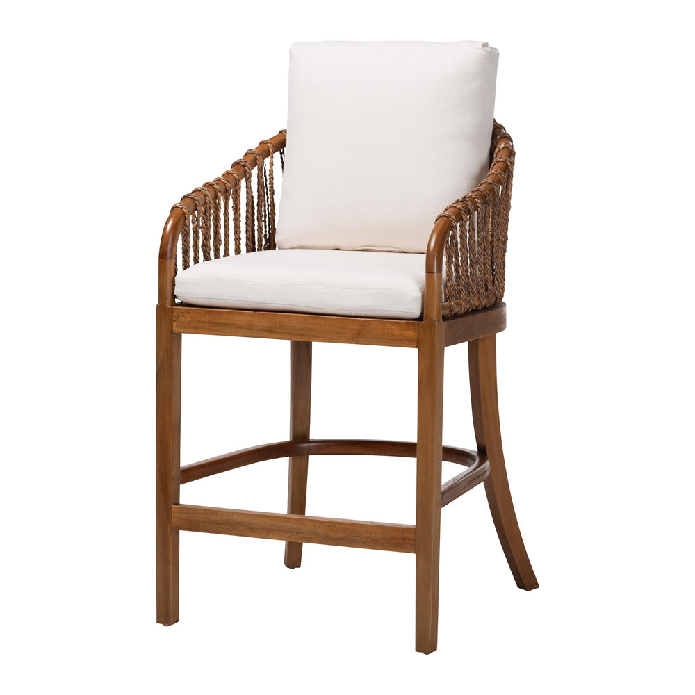 Baxton Studio Bali & Pari Varen Handwoven Seagrass Mahogany Wood Barstool with Cushion MD-39992-Varen-Walnut-Cushion-Arm-CS