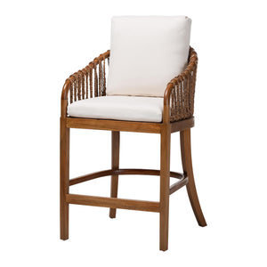 Baxton Studio Bali & Pari Varen Handwoven Seagrass Mahogany Wood Barstool with Cushion MD-39992-Varen-Walnut-Cushion-Arm-CS
