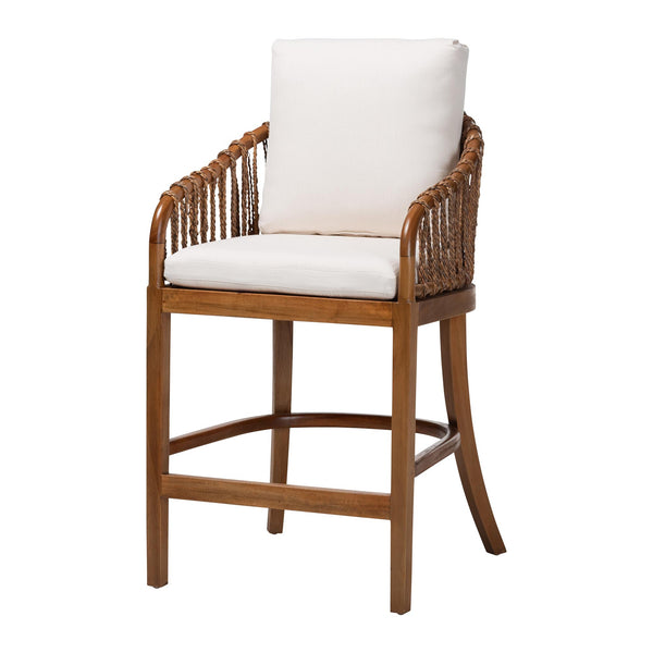 Baxton Studio Bali & Pari Varen Handwoven Seagrass Mahogany Wood Barstool with Cushion MD-39992-Varen-Walnut-Cushion-Arm-CS