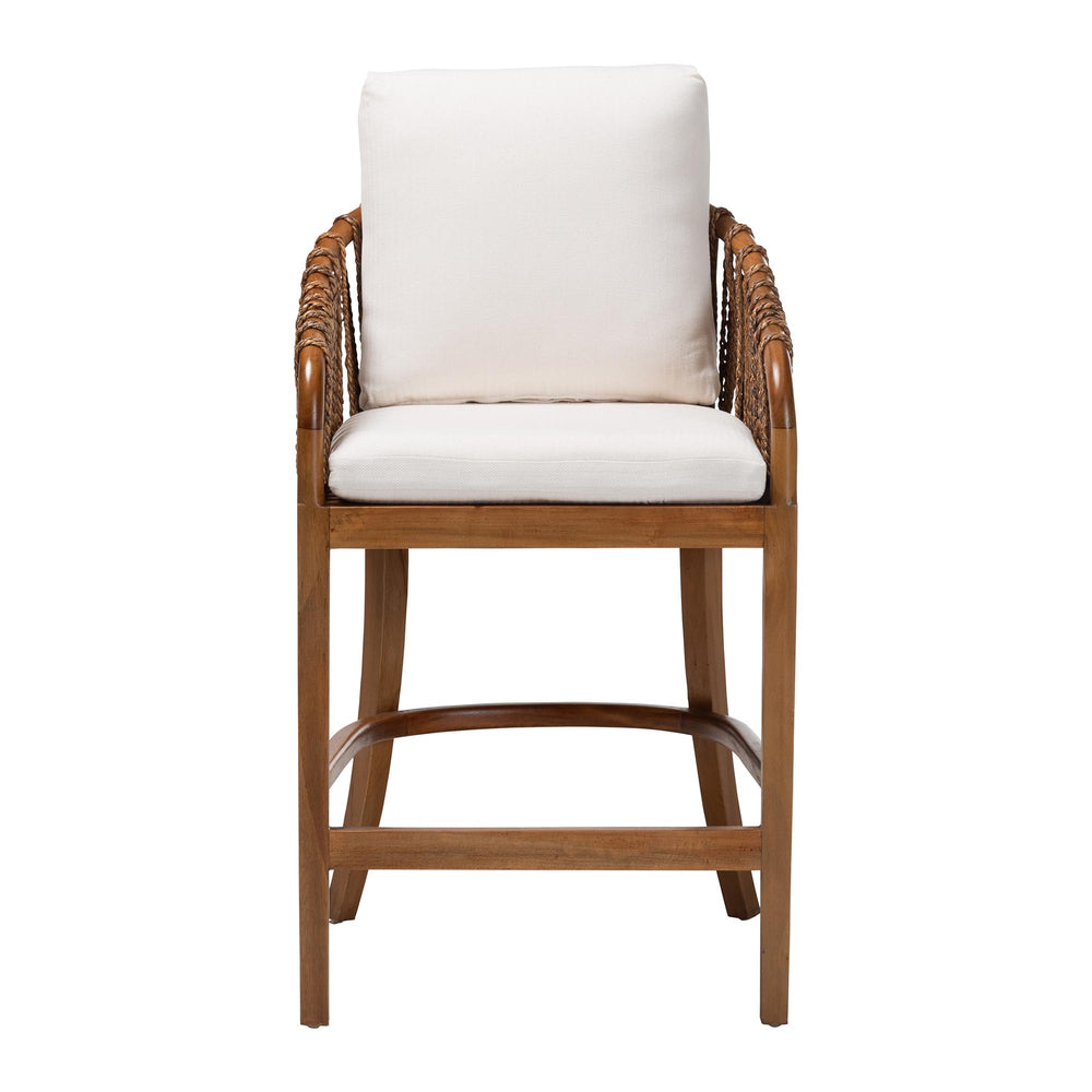 Baxton Studio Bali & Pari Varen Handwoven Seagrass Mahogany Wood Barstool with Cushion MD-39992-Varen-Walnut-Cushion-Arm-CS