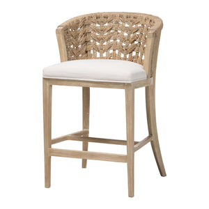 Baxton Studio Bali & Pari Vellon Handwoven Seagrass Barrel Back Counter Stool for Kitchen MD-39993-Vellon-White Wash-Cushion-CS