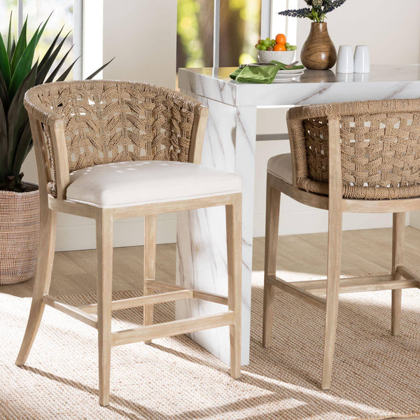 Bali & Pari Vellon Handwoven Seagrass Barrel Back Counter Stool for Kitchen