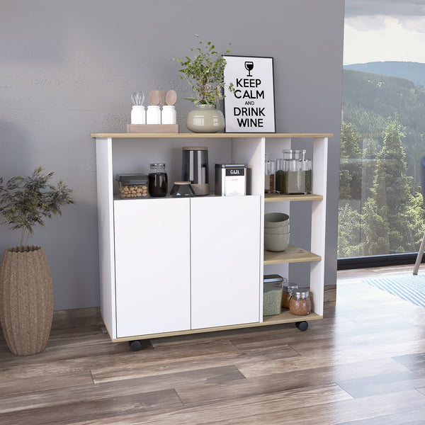 English Elm Paprika Mobile Kitchen Cart with Locking Casters, Countertop, Double-Door Cabinet & 4 Shelves B20092047