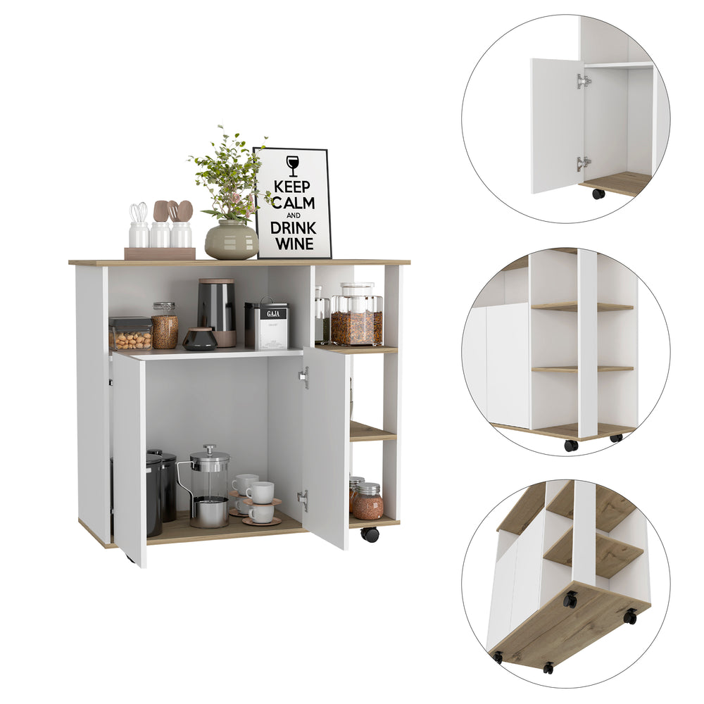 English Elm Paprika Mobile Kitchen Cart with Double Door Cabinet, 4 Open Shelves & Swivel Casters in Light Oak/White — Stylish Storage Solution for Small Spaces B07092047