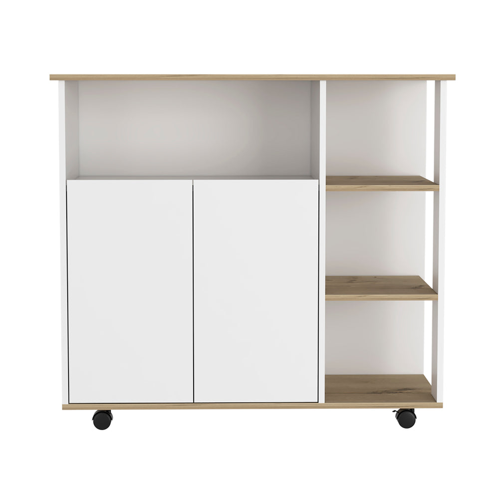 English Elm Paprika Mobile Kitchen Cart with Double Door Cabinet, 4 Open Shelves & Swivel Casters in Light Oak/White — Stylish Storage Solution for Small Spaces B07092047