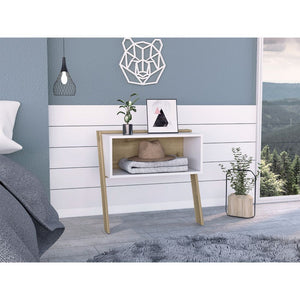 English Elm Nightstand For Small Spaces - Modern Light Oak & White Design With Open Shelf For Stylish Storage B097133058