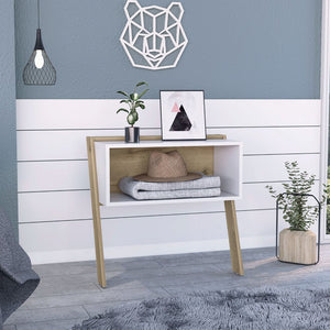 English Elm Nightstand For Small Spaces - Modern Light Oak & White Design With Open Shelf For Stylish Storage B097133058