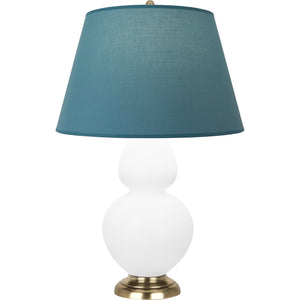 Robert Abbey Matte Daisy Double Gourd Table Lamp Matte Dasiy Glazed Ceramic with Antique Natural Brass Finished Accents Bright Blue W/ Gray Lining Fabric Shade