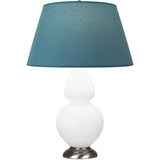 Robert Abbey Matte Daisy Double Gourd Table Lamp Matte Daisy Glazed Ceramic with Antique Silver Finished Accents Bright Blue W/ Gray Lining Fabric Shade