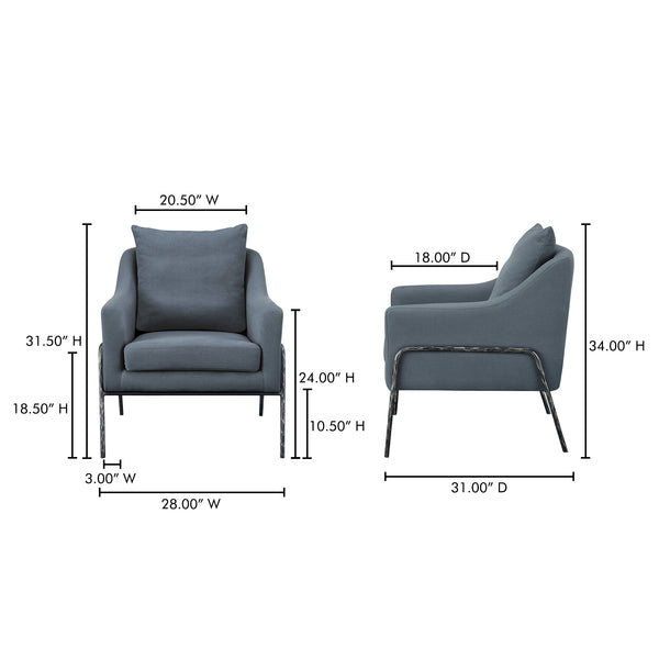 Moe's Home Archer Accent Chair With Hammered Metal Frame And Soft Cotton-linen Upholstery For Timeless Style Blue Upholstery, 51% Cotton,49% Linen,Forged Iron Legs Me-1063-26