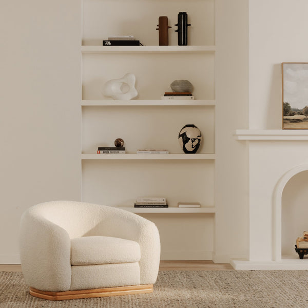 Moe's Home Marlowe Lounge Chair – Elegant Faux Shearling Comfort With Durable Rubber Wood Base For Modern Spaces White Upholstery, 100% Polyester,Solid Rubber Wood Base Me-1065-05