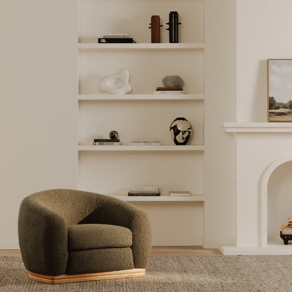 Moe's Home Marlowe Lounge Chair – Elegant Faux Shearling Comfort With Durable Rubber Wood Base For Modern Spaces Green Upholstery, 100% Polyester,Solid Rubber Wood Base Me-1065-16