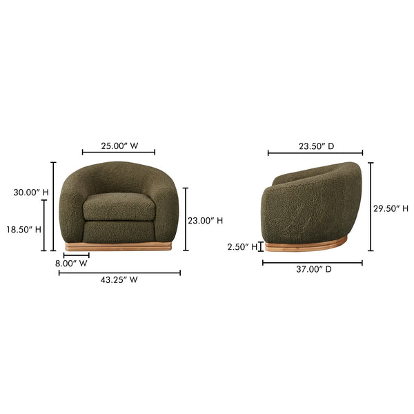 Moe's Home Marlowe Lounge Chair – Elegant Faux Shearling Comfort With Durable Rubber Wood Base For Modern Spaces Green Upholstery, 100% Polyester,Solid Rubber Wood Base Me-1065-16