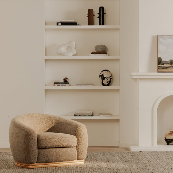 Moe's Home Marlowe Lounge Chair – Elegant Faux Shearling Comfort With Durable Rubber Wood Base For Modern Spaces Taupe Upholstery, 100% Polyester,Solid Rubber Wood Base Me-1065-39