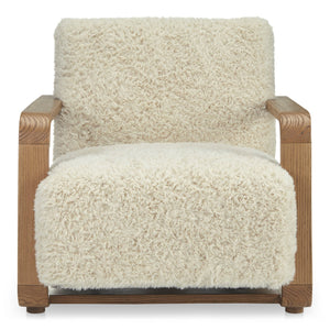 Moe's Home Eckersley Lounge Chair – Vintage Oak Frame With Plush Faux Shearling For Cozy Rustic Comfort White Upholstery, 100% Polyester,Solid Oak Frame Me-1073-05