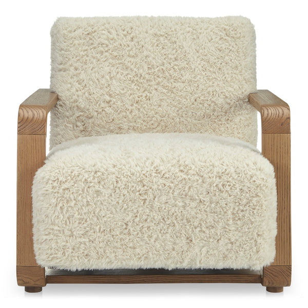 Moe's Home Eckersley Lounge Chair – Vintage Oak Frame With Plush Faux Shearling For Cozy Rustic Comfort White Upholstery, 100% Polyester,Solid Oak Frame Me-1073-05