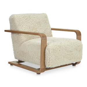 Moe's Home Eckersley Lounge Chair – Vintage Oak Frame With Plush Faux Shearling For Cozy Rustic Comfort White Upholstery, 100% Polyester,Solid Oak Frame Me-1073-05