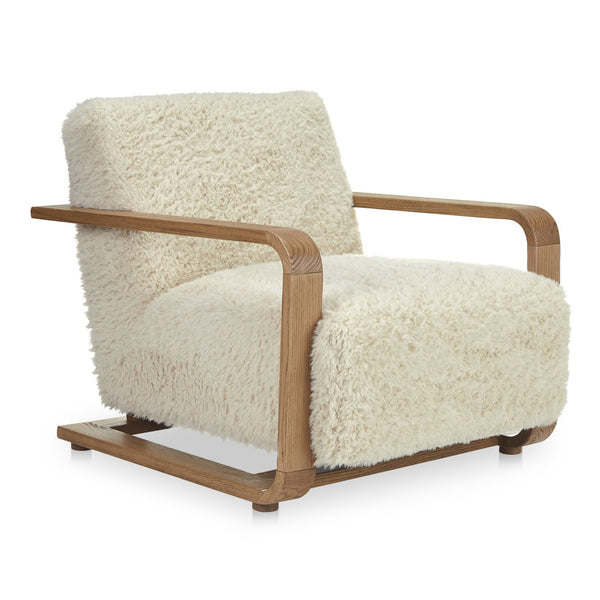 Moe's Home Eckersley Lounge Chair – Vintage Oak Frame With Plush Faux Shearling For Cozy Rustic Comfort White Upholstery, 100% Polyester,Solid Oak Frame Me-1073-05