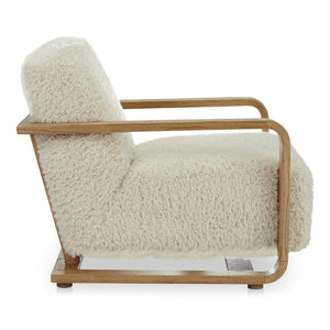Moe's Home Eckersley Lounge Chair – Vintage Oak Frame With Plush Faux Shearling For Cozy Rustic Comfort White Upholstery, 100% Polyester,Solid Oak Frame Me-1073-05