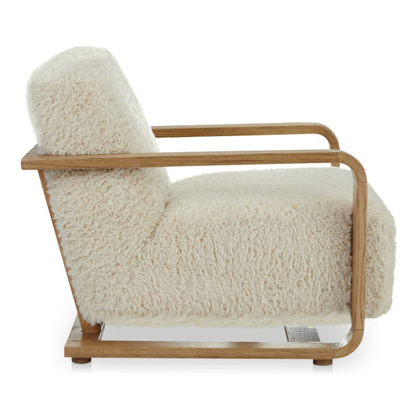 Moe's Home Eckersley Lounge Chair – Vintage Oak Frame With Plush Faux Shearling For Cozy Rustic Comfort White Upholstery, 100% Polyester,Solid Oak Frame Me-1073-05