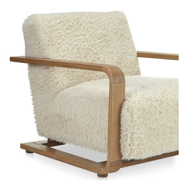 Moe's Home Eckersley Lounge Chair – Vintage Oak Frame With Plush Faux Shearling For Cozy Rustic Comfort White Upholstery, 100% Polyester,Solid Oak Frame Me-1073-05