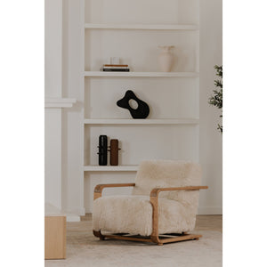 Moe's Home Eckersley Lounge Chair – Vintage Oak Frame With Plush Faux Shearling For Cozy Rustic Comfort White Upholstery, 100% Polyester,Solid Oak Frame Me-1073-05