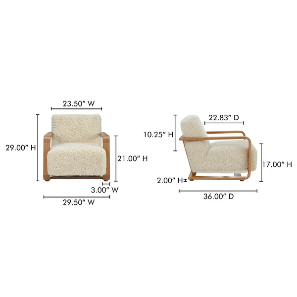 Moe's Home Eckersley Lounge Chair – Vintage Oak Frame With Plush Faux Shearling For Cozy Rustic Comfort White Upholstery, 100% Polyester,Solid Oak Frame Me-1073-05
