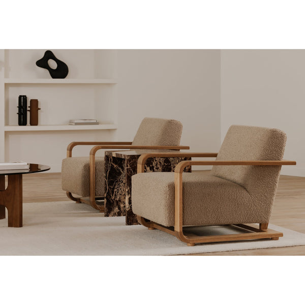 Moe's Home Eckersley Lounge Chair – Vintage Oak Frame With Plush Faux Shearling For Cozy Rustic Comfort Beige Upholstery, 100% Polyester,Solid Oak Frame Me-1073-34