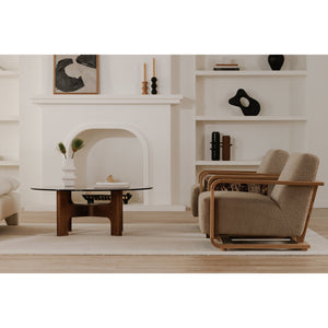 Moe's Home Eckersley Lounge Chair – Vintage Oak Frame With Plush Faux Shearling For Cozy Rustic Comfort Beige Upholstery, 100% Polyester,Solid Oak Frame Me-1073-34