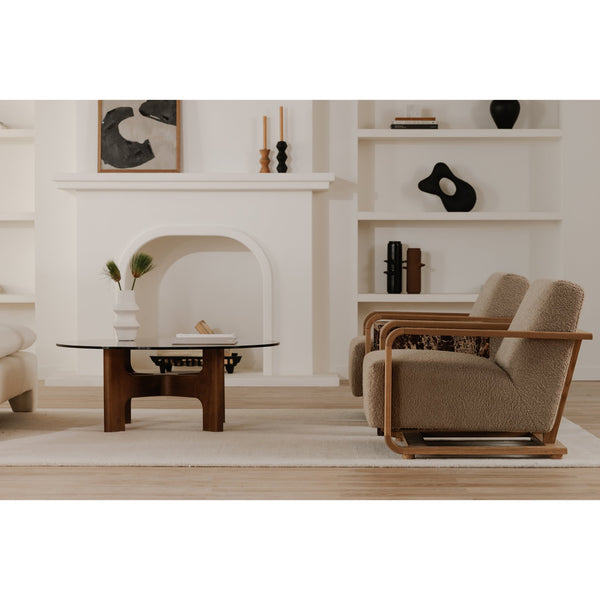 Moe's Home Eckersley Lounge Chair – Vintage Oak Frame With Plush Faux Shearling For Cozy Rustic Comfort Beige Upholstery, 100% Polyester,Solid Oak Frame Me-1073-34