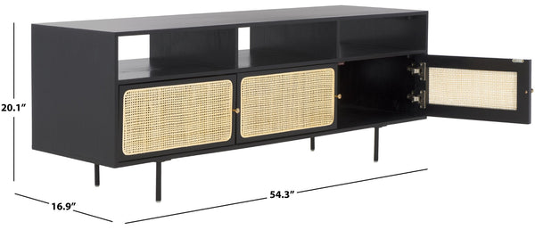 Safavieh Karol Elegant 3-Door Cane Media Stand With Open Shelves & Ventilated Storage For Stylish Living Spaces MED1500A