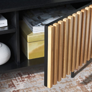 Safavieh Anahi Contemporary 2-Door Media Stand With Slatted Detailing, Open Shelves & Storage Cabinets, Black MED1501A