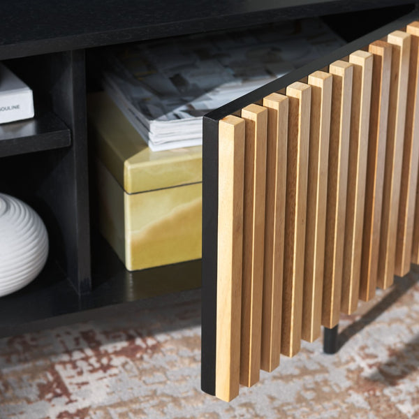 Safavieh Anahi Contemporary 2-Door Media Stand With Slatted Detailing, Open Shelves & Storage Cabinets, Black MED1501A