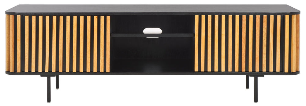 Safavieh Anahi Contemporary 2-Door Media Stand With Slatted Detailing, Open Shelves & Storage Cabinets, Black MED1501A