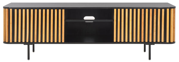 Safavieh Anahi Contemporary 2-Door Media Stand With Slatted Detailing, Open Shelves & Storage Cabinets, Black MED1501A