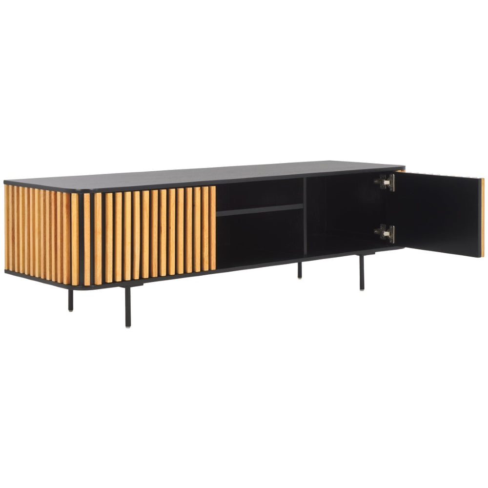 Safavieh Anahi Contemporary 2-Door Media Stand With Slatted Detailing, Open Shelves & Storage Cabinets, Black MED1501A