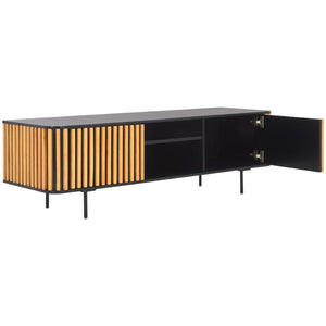 Safavieh Anahi Contemporary 2-Door Media Stand With Slatted Detailing, Open Shelves & Storage Cabinets, Black MED1501A