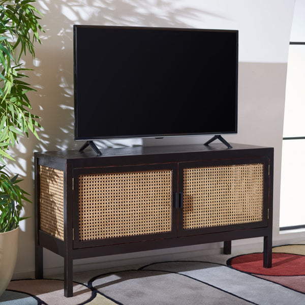 Safavieh Karel Coastal-Inspired 2-Door Media Stand With Cane Panels For Stylish Storage & Modern Decor MED2100A