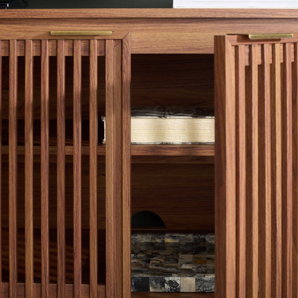 Safavieh Quaid 4 Door Sideboard/Tv Stand - Elegant Walnut Finish For Stylish Storage & Entertainment Solutions Walnut ,Brass Pb ,Mdf Med3103a