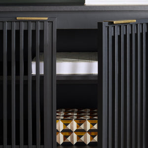 Safavieh Quaid 4 Door Sideboard/Tv Stand - Elegant Walnut Finish For Stylish Storage & Entertainment Solutions Black ,Brass Pb ,Mdf Med3103b