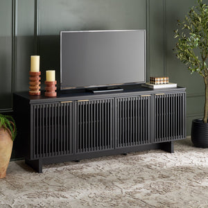Safavieh Quaid 4 Door Sideboard/Tv Stand - Elegant Walnut Finish For Stylish Storage & Entertainment Solutions Black ,Brass Pb ,Mdf Med3103b