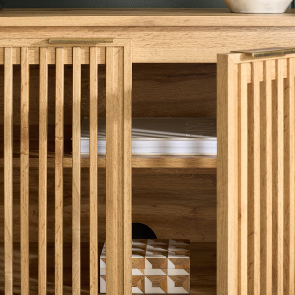 Safavieh Quaid 4 Door Sideboard/Tv Stand - Elegant Walnut Finish For Stylish Storage & Entertainment Solutions Oak ,Brass Pb ,Mdf Med3103c