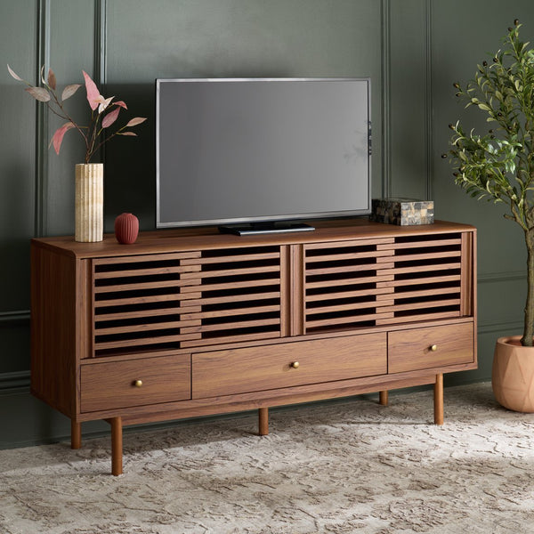 Safavieh Adrin 3 Drawer Sideboard/Media Stand In Walnut - Elegant Storage Solution For Modern Living Spaces Walnut ,Brass Pb ,Mdf Med3105a-2bx