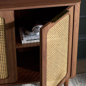 Safavieh Brey Compact Two-Door Sideboard & Media Stand With Rattan Texture, Walnut Finish & Brass Accents MED3107A