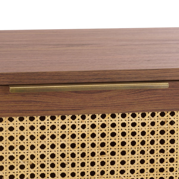 Safavieh Brey Compact Two-Door Sideboard & Media Stand With Rattan Texture, Walnut Finish & Brass Accents MED3107A