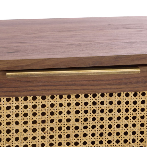 Safavieh Brey 3-Door Sideboard: Elegant Walnut Media Stand With Rattan & Brass Accents For Stylish Storage MED3108A